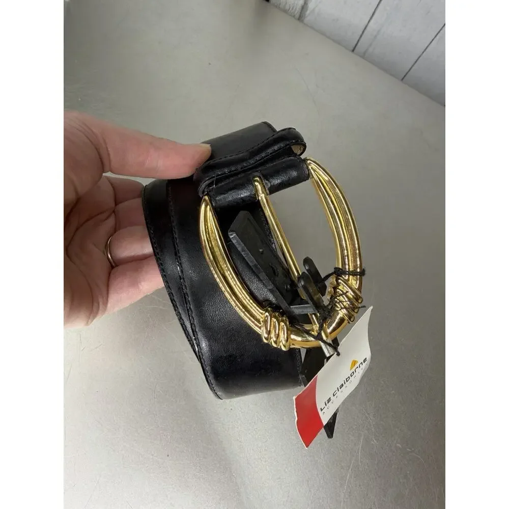 Vintage Liz Claiborne Black Leather Belt Oval Gold Buckle 90s Classic Size Large